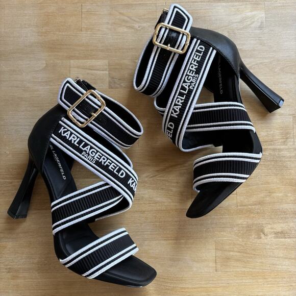Karl Lagerfeld Shoes - Karl Lagerfeld Paris Black Logo Strap Stiletto Heels 8M Elastic Designer Sandals